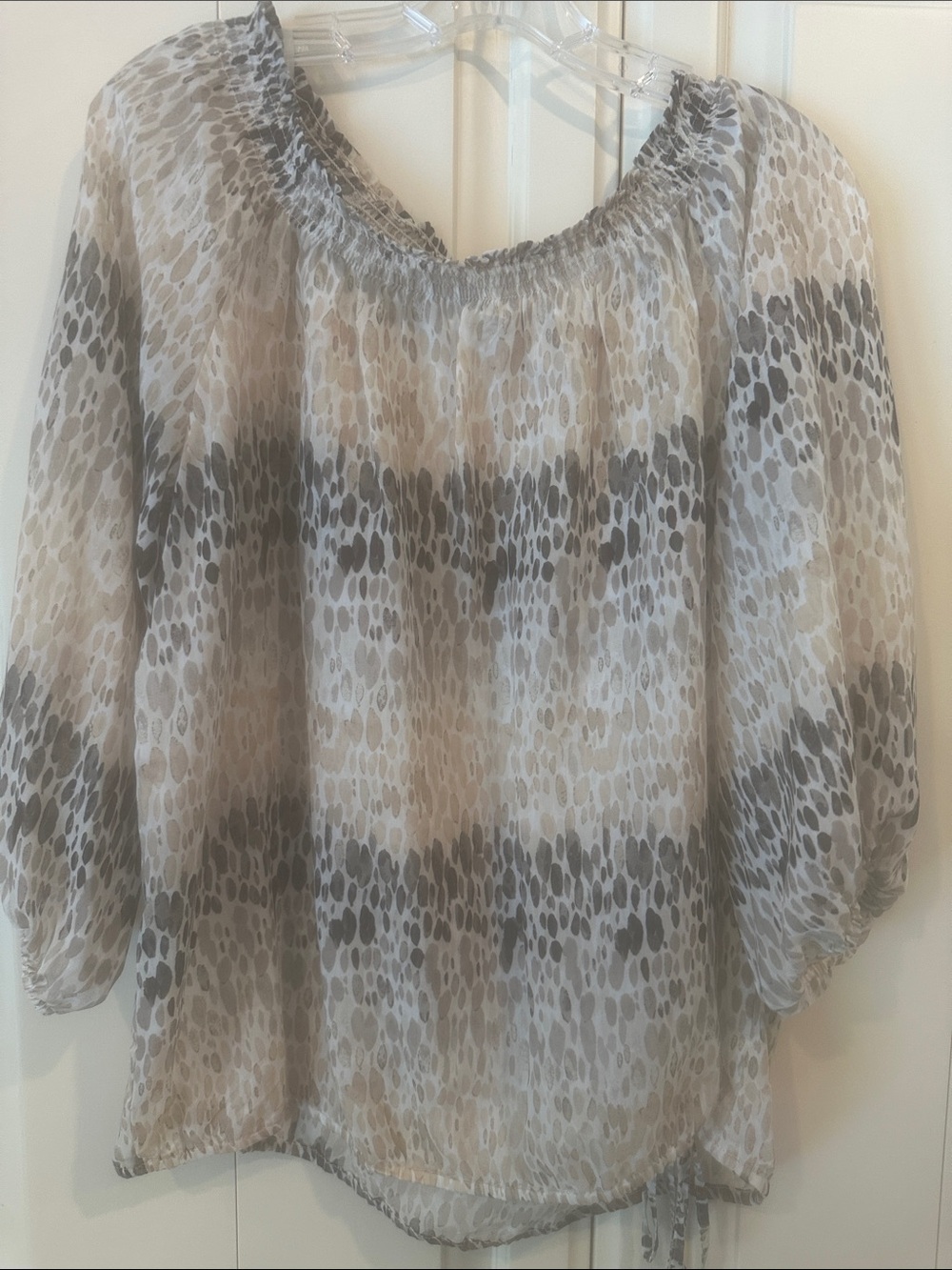 LOFT Sheer Animal-Print Peasant Top in Beige and Gray